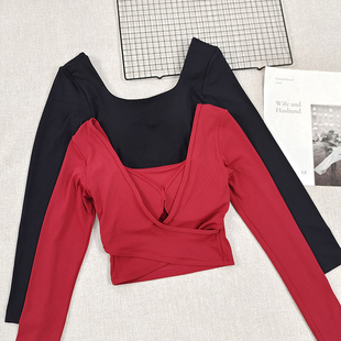 固定一体杯交叉露背安可拉红运动上衣修身瑜伽长袖方领速干健身服