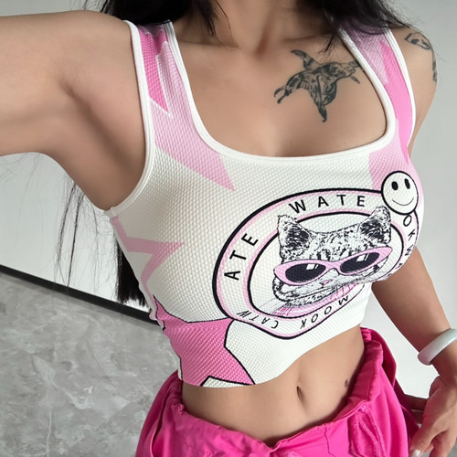 一体式无缝印花运动背心固定杯女高强度跑步防震瑜伽服美背外穿