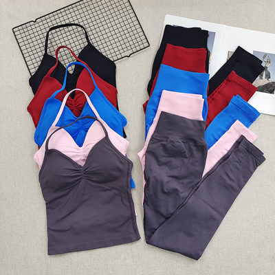 新款欧美健身套装女高腰翘臀瑜伽裤运动长裤一根带挂脖吊带背心