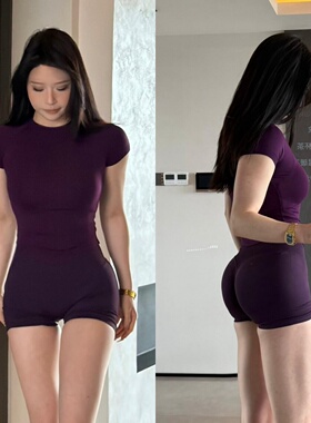 【紫色套装】掐腰巨显瘦紧身短袖瑜伽跑步撸铁显肩显腰短袖女t恤