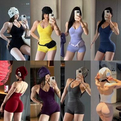 两件套挂脖美背瑜伽DF运动背心欧美翘臀短裤训练蜜桃健身服女套装