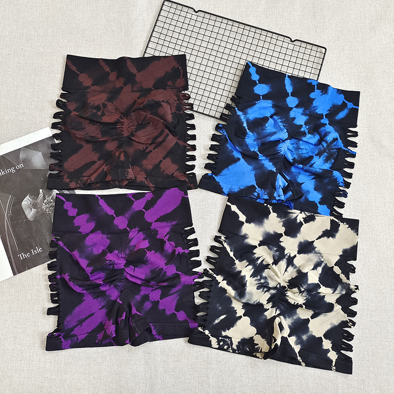 紧身高腰提臀扎染健身裤透气短裤