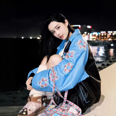 现货 韦雪同款撞色花朵刺绣潮牌飞行员夹克机车皮衣棒球服外套
