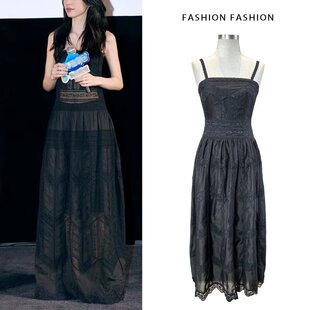 春色寄情人周雨彤庄洁同款黑色提花吊带连衣裙女夏季蕾丝收腰长裙