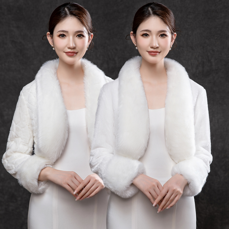 新娘婚纱披肩秋冬季伴娘结婚礼服外套白色旗袍加厚保暖长袖披风