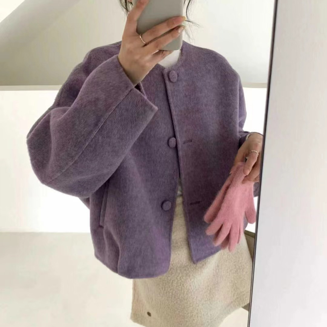 2025秋冬新款韩版包扣显瘦百搭圆领双面羊毛大衣女短款毛呢外套女