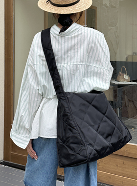 2025新款日韩风菱格绗缝包女大容量托特包百搭通勤单肩斜挎包黑色