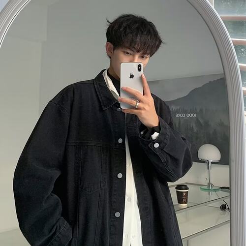 春秋季美式复古黑色牛仔外套男宽松翻领工装夹克港风潮牌外套上衣