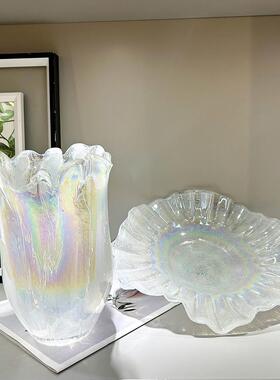 白色珠光高级感琉璃高档花瓶玻璃果盘插花客厅餐桌酒店样板房装饰