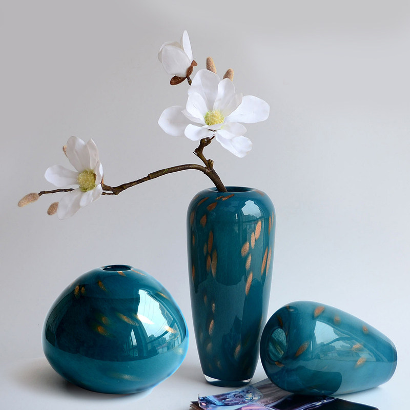 欧式美式现代彩色玻璃花瓶蓝色地中海风格客厅家居软装饰品大摆件