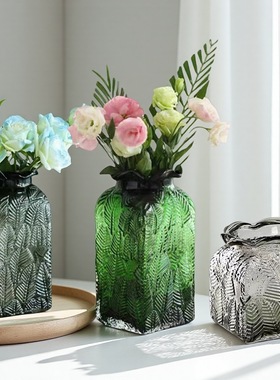 复古玻璃花瓶欧式家居装饰品摆件花器酒吧KTV样板间软装花瓶方形