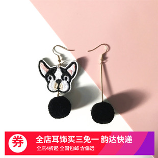安妮 狗狗布贴不对称毛球少女系耳饰耳夹 925纯银可爱卡通刺绣长款
