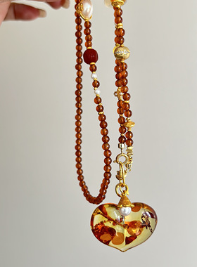 【万能链】天然橙石榴石琥珀天然淡水珍珠项链设计感高级气质