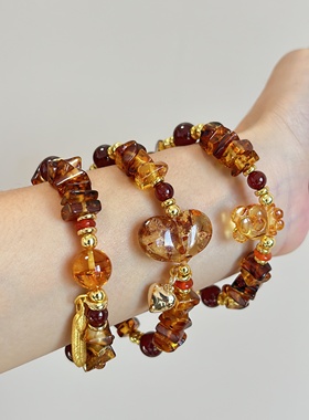 花珀随形屁桃爱心手串琥珀手串DIY闺蜜生日礼物