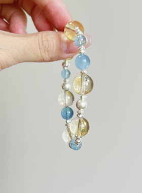 【小灯泡】925银配件天然巴西黄水晶海蓝宝手串轻奢小众设计款