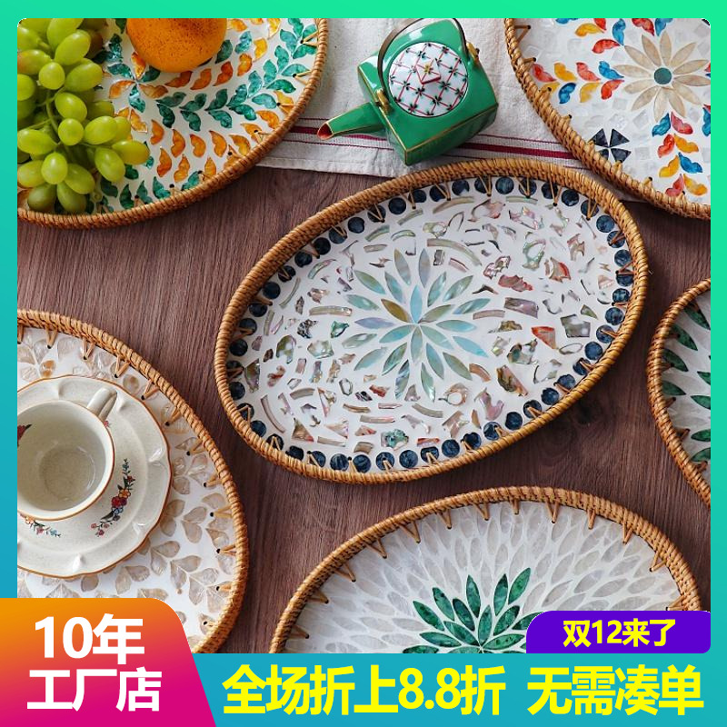 越南藤编椭圆形蓝莲花款果盘