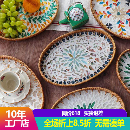 越南藤编椭圆形蓝莲花款果盘