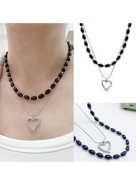 椭圆黑玛瑙爱心细钛钢链万能项链组合套装女小众设计感百搭潮饰品