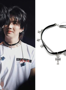 Build金建成同款大小十字花吊坠皮颈链双层多项链摇滚朋克