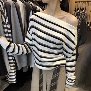 想象家SailorMoon条纹一字肩针织衫女2025新款宽松显瘦长袖上衣潮