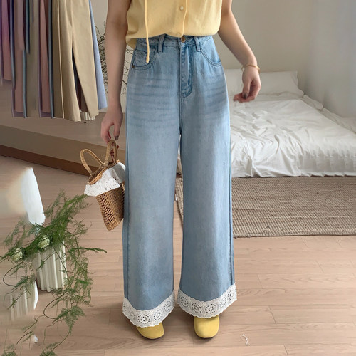 蕾丝拼接牛仔裤女2025直筒裤潮