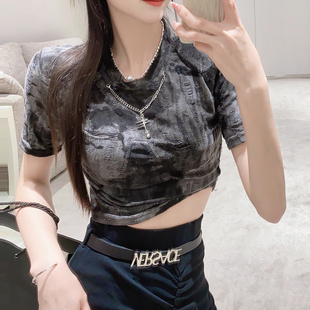 复古风做旧破洞t恤女2023年夏季新款性感露脐修身显瘦短款上衣潮