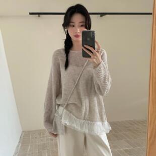想象家简约纯色宽松显瘦长袖针织衫女2025春秋新款蕾丝边毛衣上衣