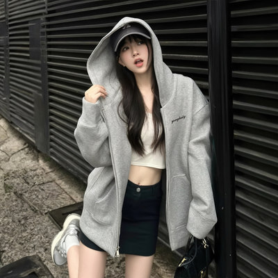 灰色连帽卫衣外套女春季