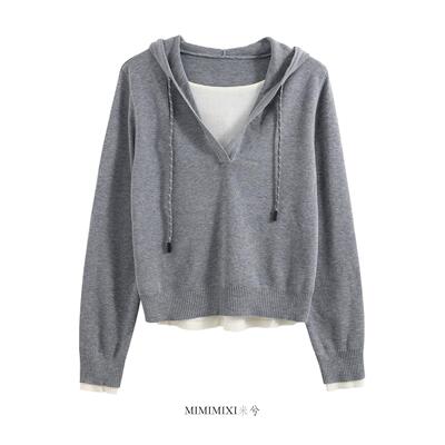 MIXI连帽假两件针织卫衣