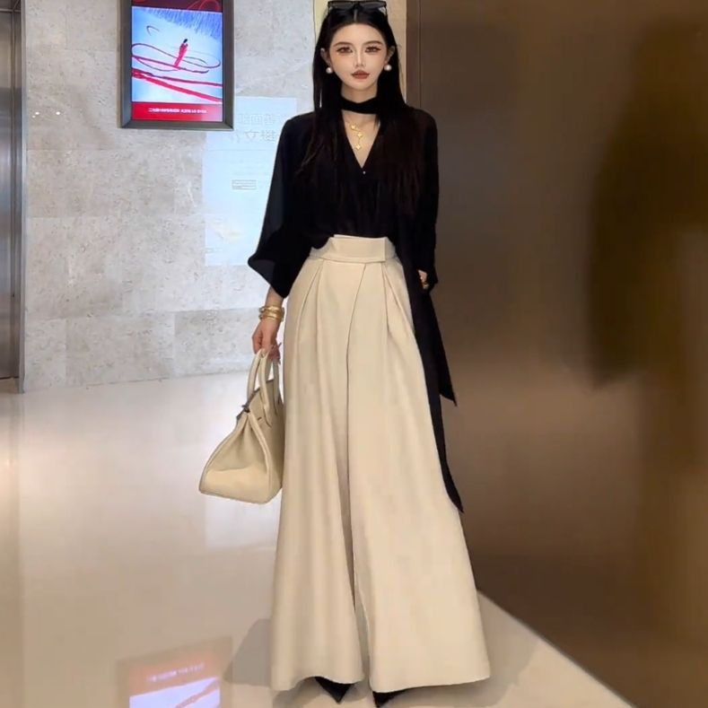 时尚时装黑色系百搭长袖丝滑衬衫大阔腿裤气质套装春季新款女