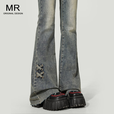 覆古高腰微喇叭牛仔裤女2