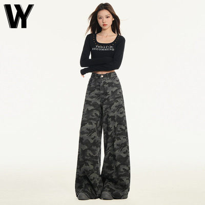 美式高街工装阔腿迷彩牛