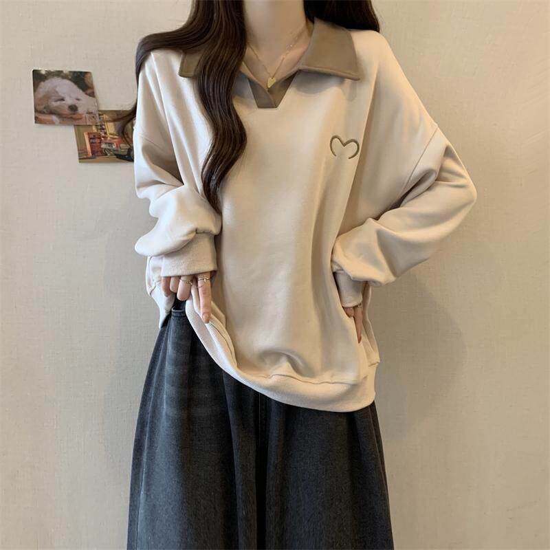 POLO领长袖卫衣女秋季新款胖mm宽松显瘦大码慵懒风设计感外套上衣
