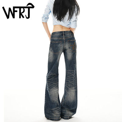 美式复古做旧低腰微喇牛