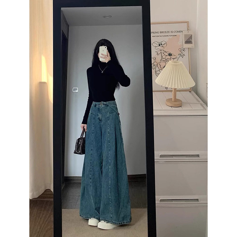 春季复古直筒牛仔裤女大码胖mm梨形身材宽松显瘦高腰阔腿拖地裤子
