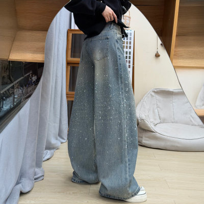 蓝色满天星烫钻阔腿裤女