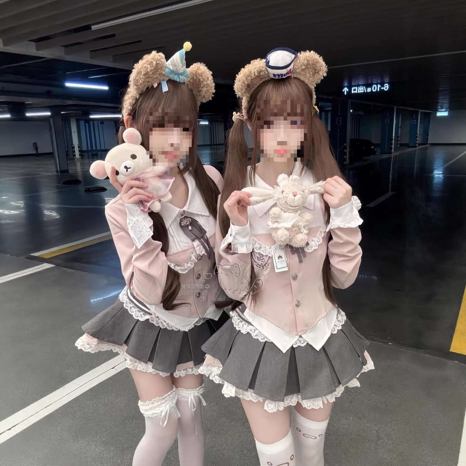 甜美少女感粉色学院风jk套装裙假两件衬衣高腰灰色百褶裙两件套春