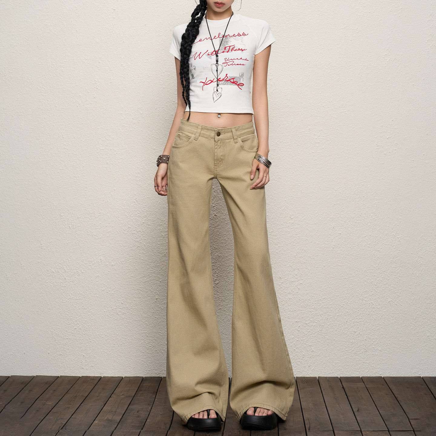 美式卡其牛仔裤女2025冬加绒新款低腰辣妹复古拖地不贴腿微喇叭裤