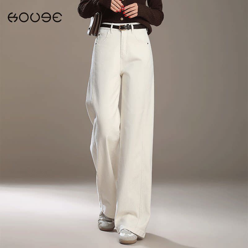 米白色宽松阔腿牛仔裤女2025新款春秋款高腰垂感窄版直筒拖地长裤
