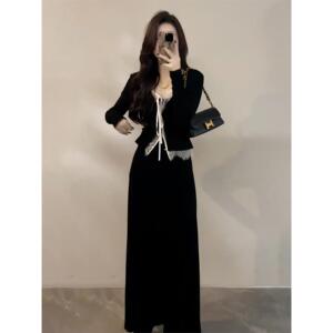 2025新款秋季法式黑色长袖连衣裙子女装今年流行爆款穿搭套装长裙
