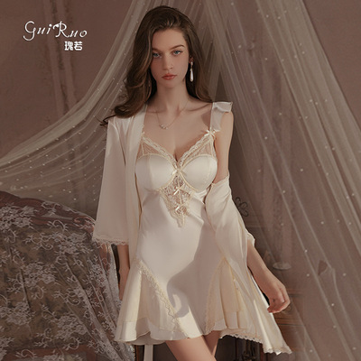 瑰若内衣甜美网纱蝴蝶点缀聚拢加胸垫吊带睡裙外袍家居服套装3951