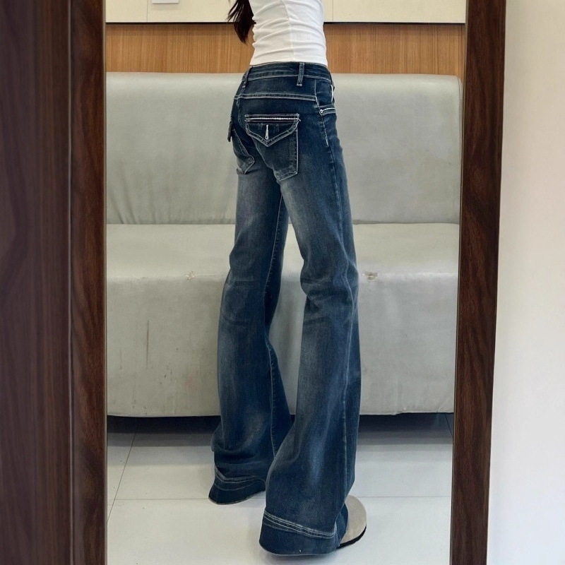 美式辣妹修身显瘦百搭微喇牛仔裤秋季2025年新款复古深蓝色喇叭裤