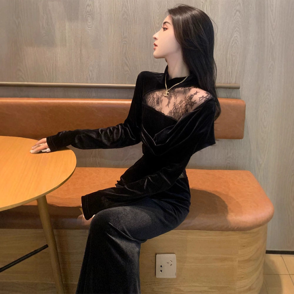 生日礼服裙宴会女气质蕾丝长裙富家千金感穿搭黑色丝绒连衣裙秋冬