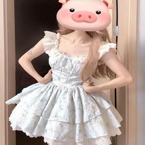 碎花连衣裙女夏季新款小飞袖仙女公主裙收腰蓬蓬短裙