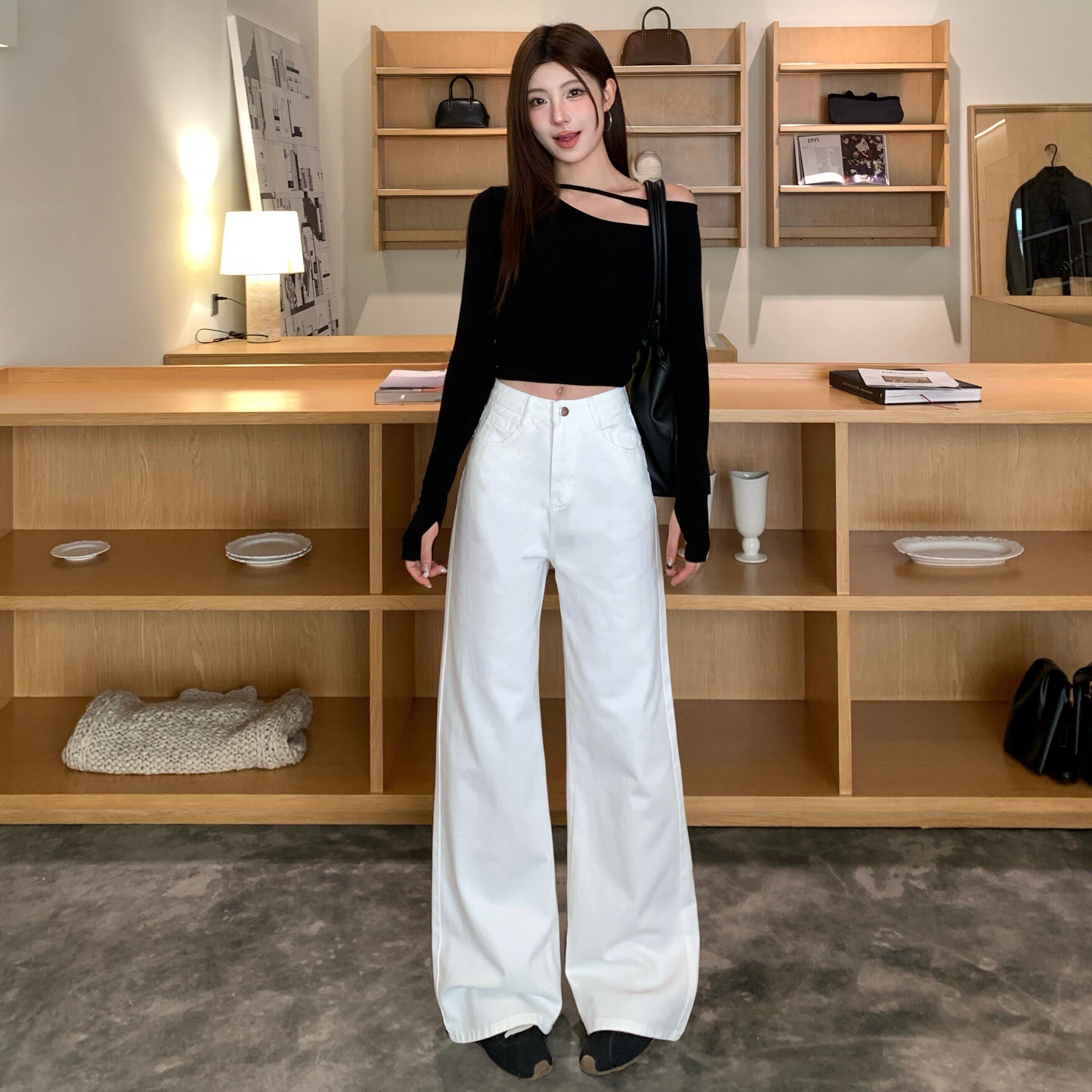 白色垂感阔腿牛仔裤女2025年秋冬中高腰慵懒风宽松显瘦直筒拖地裤