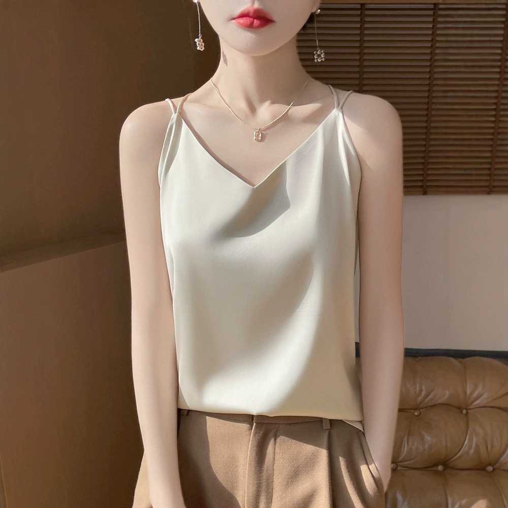 夏季V领美背吊带背心女打底内搭仿真丝醋酸缎面性感宽松绸缎百搭