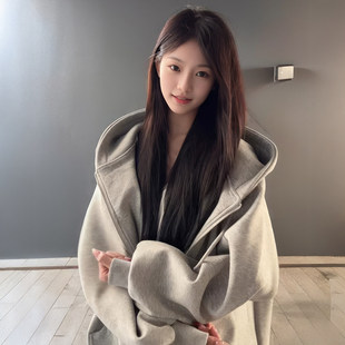 加绒加厚灰色卫衣外套女春季2026新款爆款连帽秋冬季宽松拉链上衣