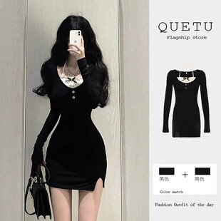 纯欲风假两件黑色连衣裙女春秋季新款修身显瘦小个子辣妹包臀短裙
