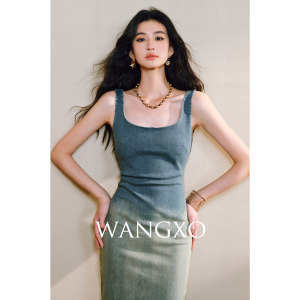 WANGXO｜舒柔牛仔棉渐变晕染｜重工酵洗炒砂｜U领收腰背心连衣裙