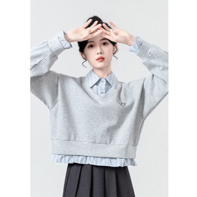 灰色假两件卫衣女春秋202